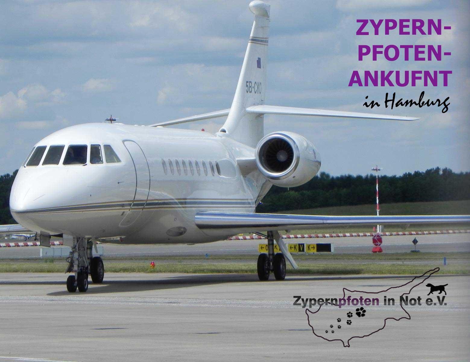 Ankunft aus Zypern am Geschäftsfliegerzentrum in Hamburg mit Zypernpfoten